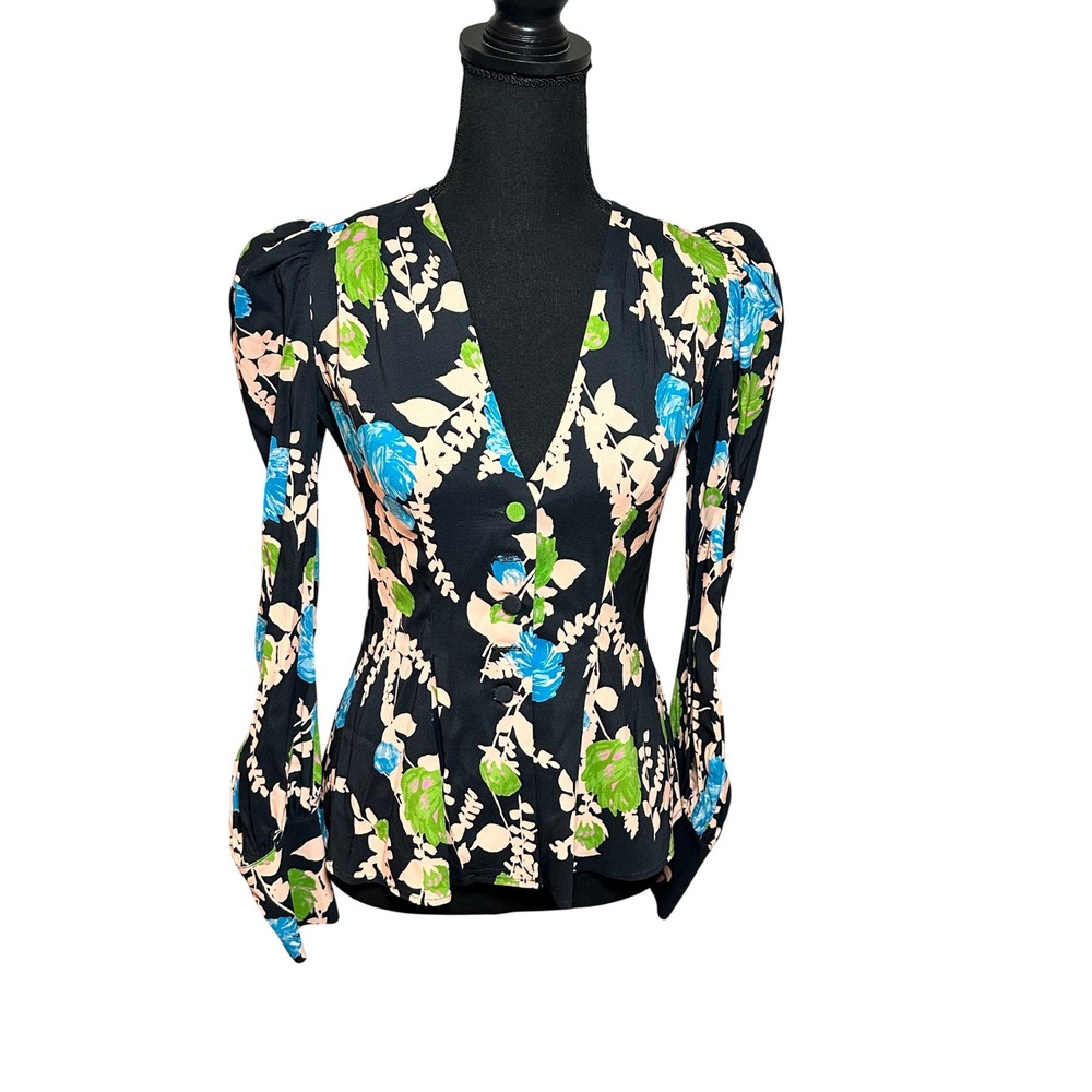 La DoubleJ Smokin Hot Shirt Black Floral Puff Sleeve V-Neck Blouse XS Italy